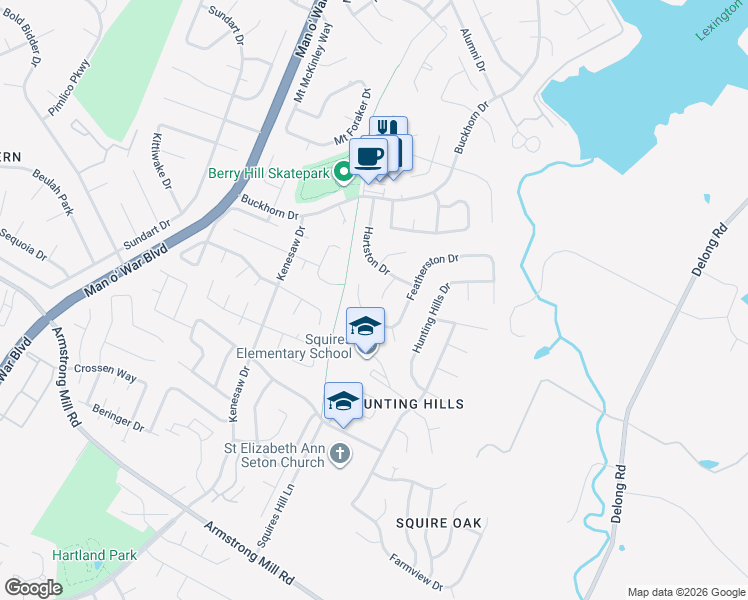 map of restaurants, bars, coffee shops, grocery stores, and more near 3417 Featherston Drive in Lexington