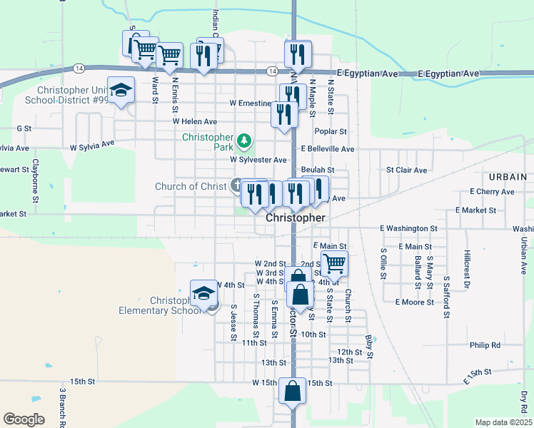 map of restaurants, bars, coffee shops, grocery stores, and more near 210 W Market St in Christopher
