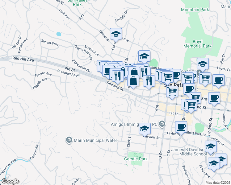 map of restaurants, bars, coffee shops, grocery stores, and more near 15 Jessup Street in San Rafael