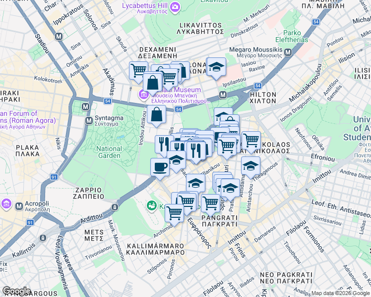 map of restaurants, bars, coffee shops, grocery stores, and more near Leoforos Vasileos Konstantinou in Athens