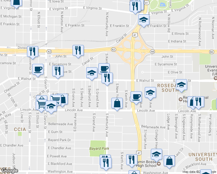 map of restaurants, bars, coffee shops, grocery stores, and more near 424 S Kentucky Ave in Evansville