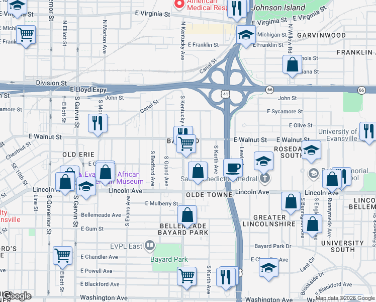 map of restaurants, bars, coffee shops, grocery stores, and more near 424 South Kentucky Avenue in Evansville