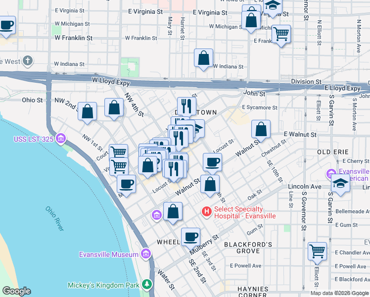 map of restaurants, bars, coffee shops, grocery stores, and more near 7 Northwest 5th Street in Evansville
