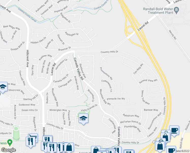 map of restaurants, bars, coffee shops, grocery stores, and more near 4660 Palomino Way in Antioch