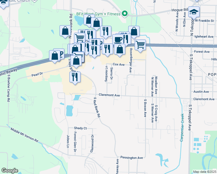 map of restaurants, bars, coffee shops, grocery stores, and more near 400 Rechtin Avenue in Evansville