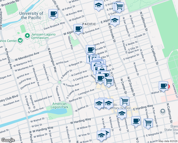 map of restaurants, bars, coffee shops, grocery stores, and more near 232 Central Court in Stockton