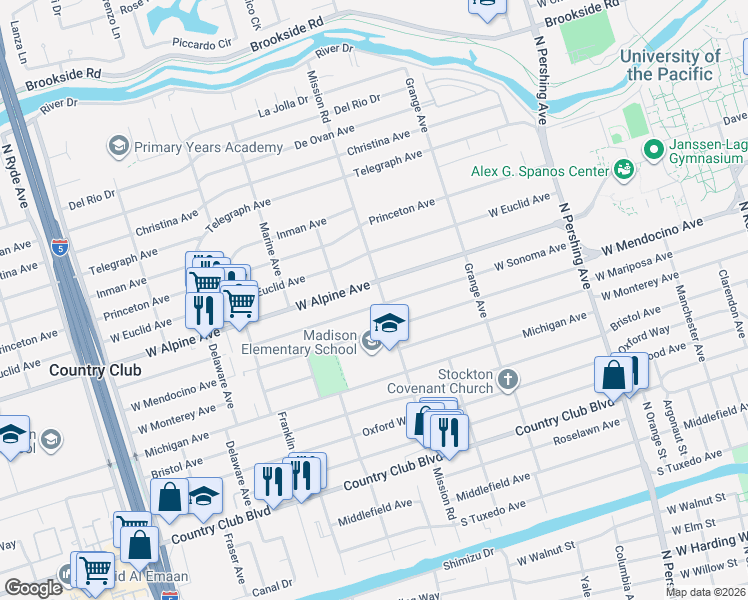 map of restaurants, bars, coffee shops, grocery stores, and more near in Stockton