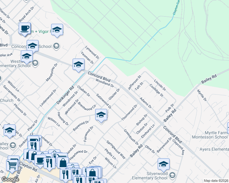 map of restaurants, bars, coffee shops, grocery stores, and more near 1789 Glazier Drive in Concord