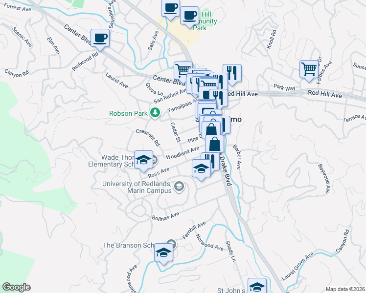 map of restaurants, bars, coffee shops, grocery stores, and more near 5 Cedar Street in San Anselmo