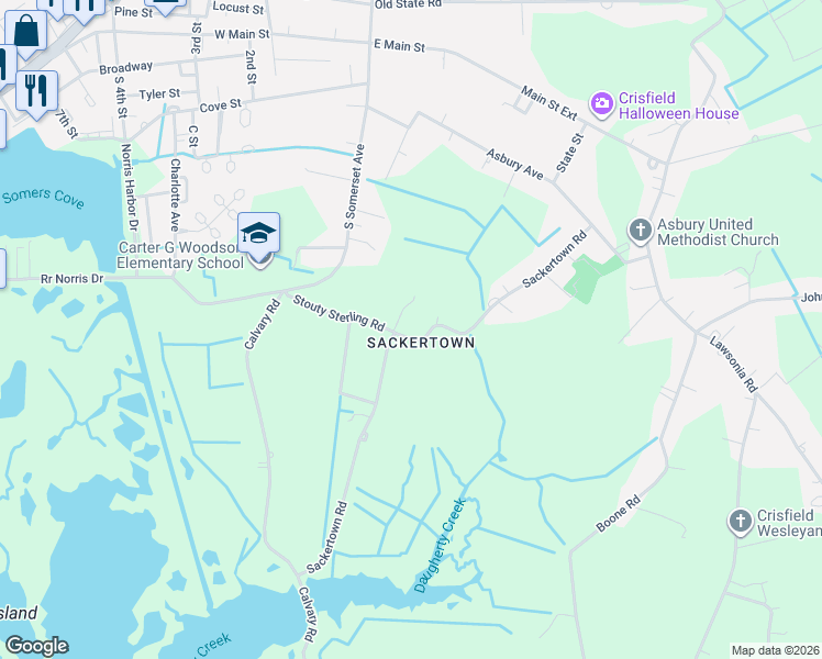 map of restaurants, bars, coffee shops, grocery stores, and more near 3280 Sackertown Road in Crisfield