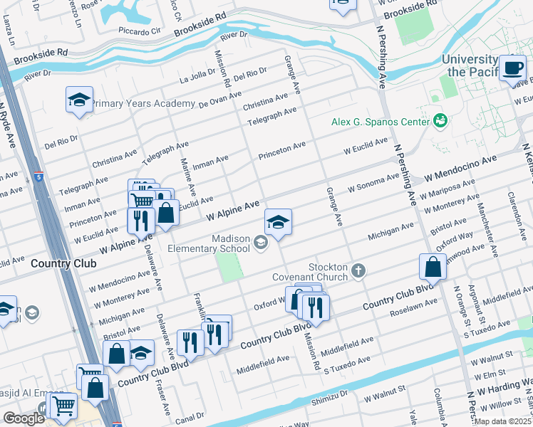 map of restaurants, bars, coffee shops, grocery stores, and more near in Stockton