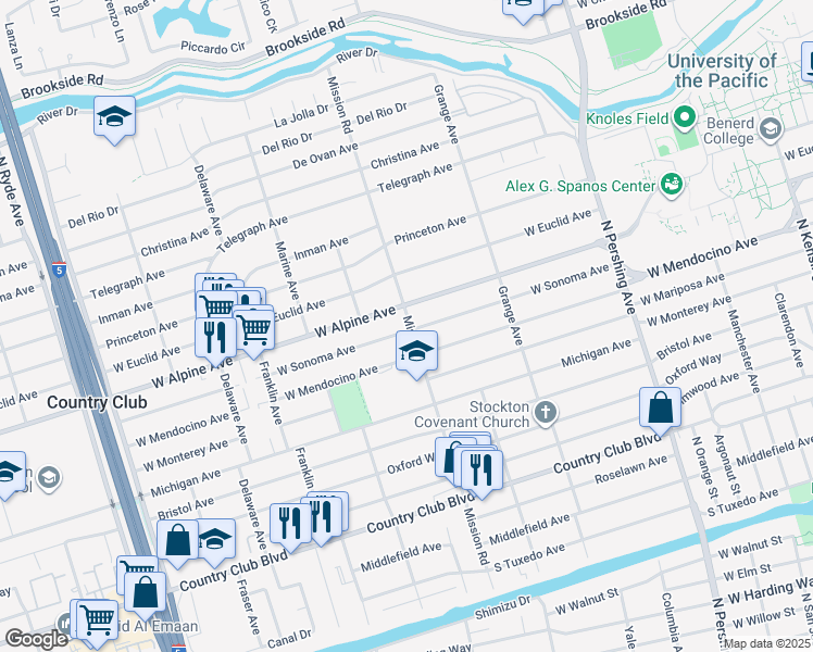 map of restaurants, bars, coffee shops, grocery stores, and more near in Stockton