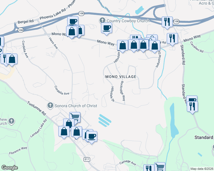 map of restaurants, bars, coffee shops, grocery stores, and more near 19306 Grandview Court in Sonora