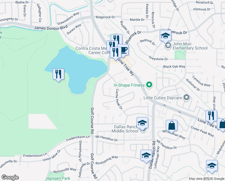map of restaurants, bars, coffee shops, grocery stores, and more near 4753 Crestone Peak Court in Antioch