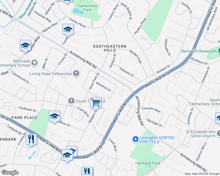 map of restaurants, bars, coffee shops, grocery stores, and more near 1434 Beaufort Drive in Lexington