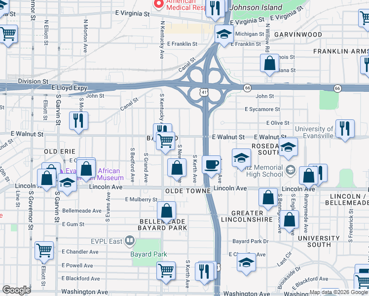 map of restaurants, bars, coffee shops, grocery stores, and more near 424 South New York Avenue in Evansville