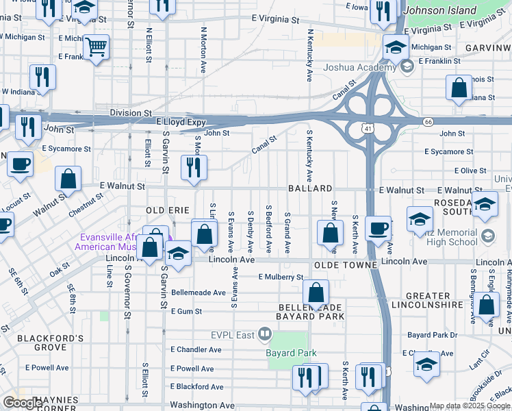 map of restaurants, bars, coffee shops, grocery stores, and more near 431 South Bedford Avenue in Evansville