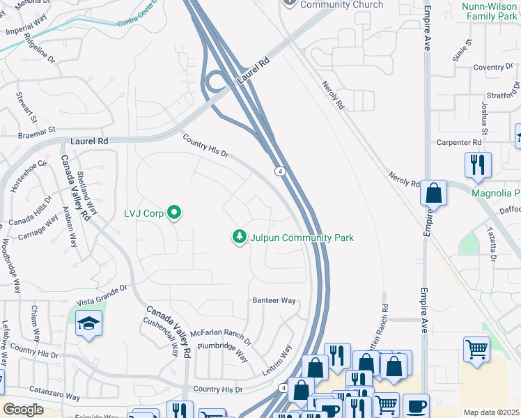 map of restaurants, bars, coffee shops, grocery stores, and more near 5506 Monte Vista Way in Antioch