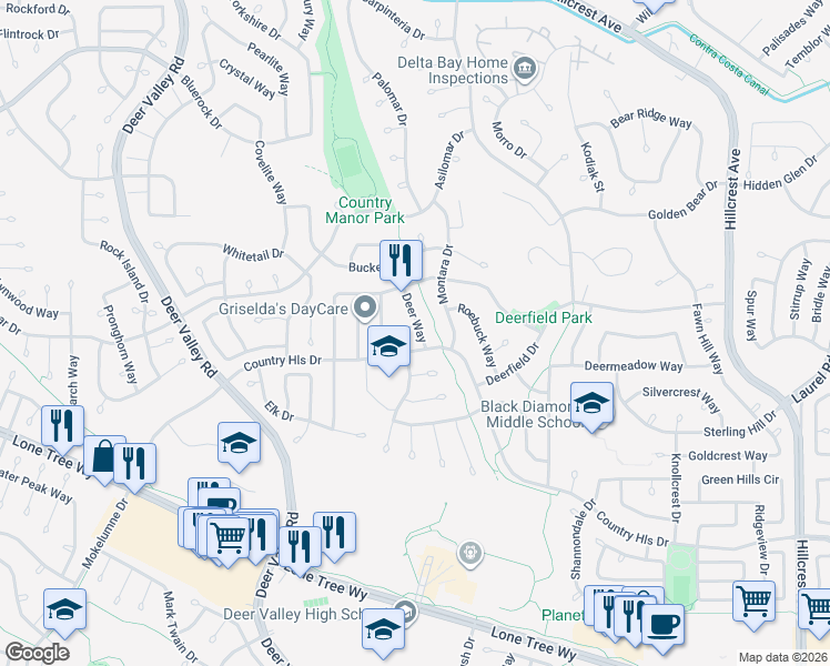 map of restaurants, bars, coffee shops, grocery stores, and more near 4520 Beaver Court in Antioch