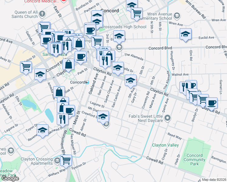 map of restaurants, bars, coffee shops, grocery stores, and more near 2999 Atlantic Street in Concord