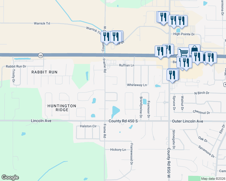 map of restaurants, bars, coffee shops, grocery stores, and more near 8901-8955 Willowbend Drive in Newburgh