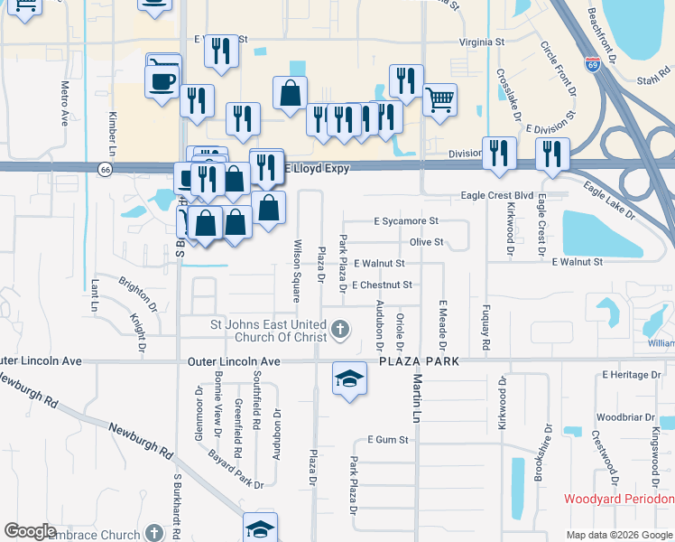 map of restaurants, bars, coffee shops, grocery stores, and more near 409 Park Plaza Drive in Evansville