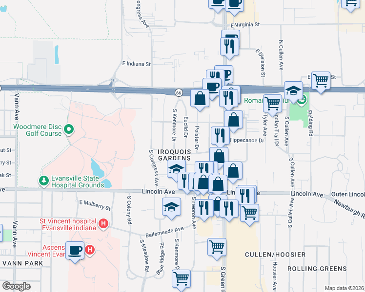 map of restaurants, bars, coffee shops, grocery stores, and more near 308 South Kenmore Drive in Evansville