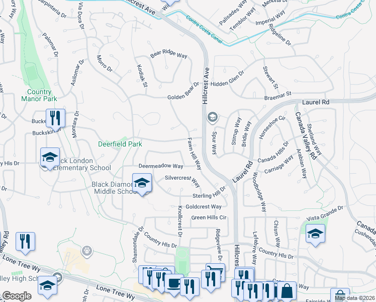 map of restaurants, bars, coffee shops, grocery stores, and more near 4628 Fawn Hill Way in Antioch