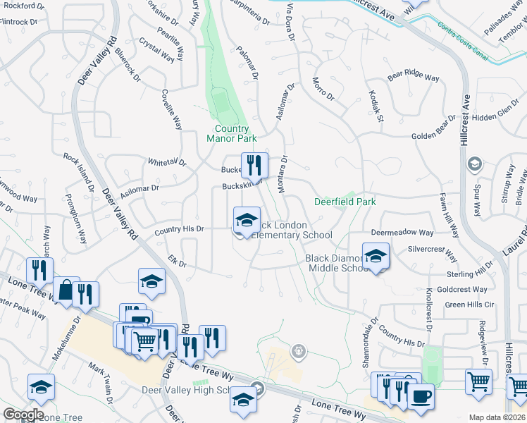 map of restaurants, bars, coffee shops, grocery stores, and more near 4539 Deer Way in Antioch