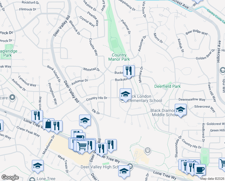 map of restaurants, bars, coffee shops, grocery stores, and more near 4532 Bison Way in Antioch