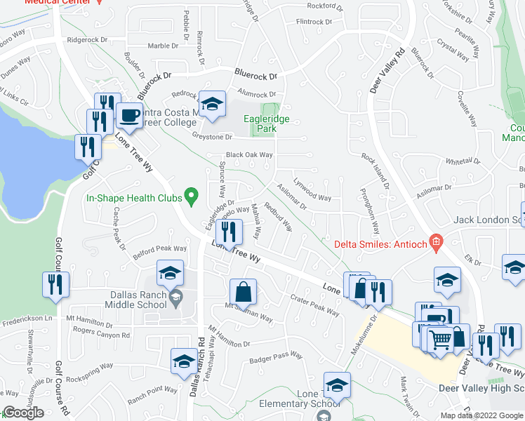 map of restaurants, bars, coffee shops, grocery stores, and more near 2032 Redbud Way in Antioch