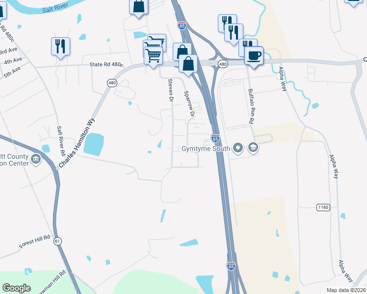 map of restaurants, bars, coffee shops, grocery stores, and more near 530 Steven Drive in Shepherdsville