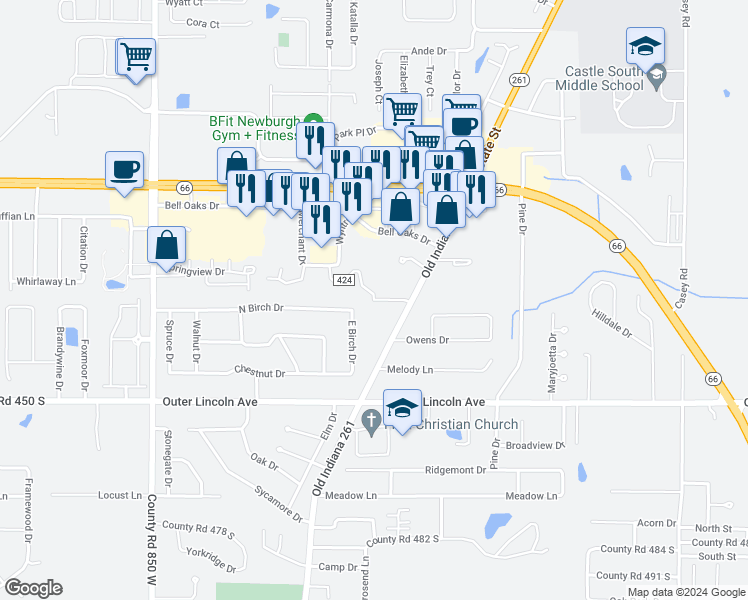 map of restaurants, bars, coffee shops, grocery stores, and more near 4300 Medwell Drive in Newburgh