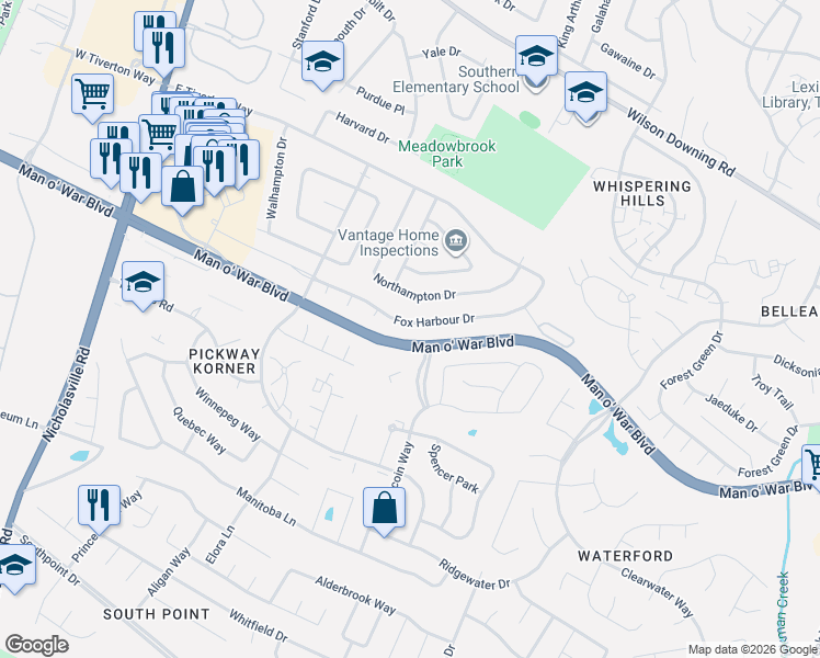 map of restaurants, bars, coffee shops, grocery stores, and more near 352 Fox Harbour Drive in Lexington