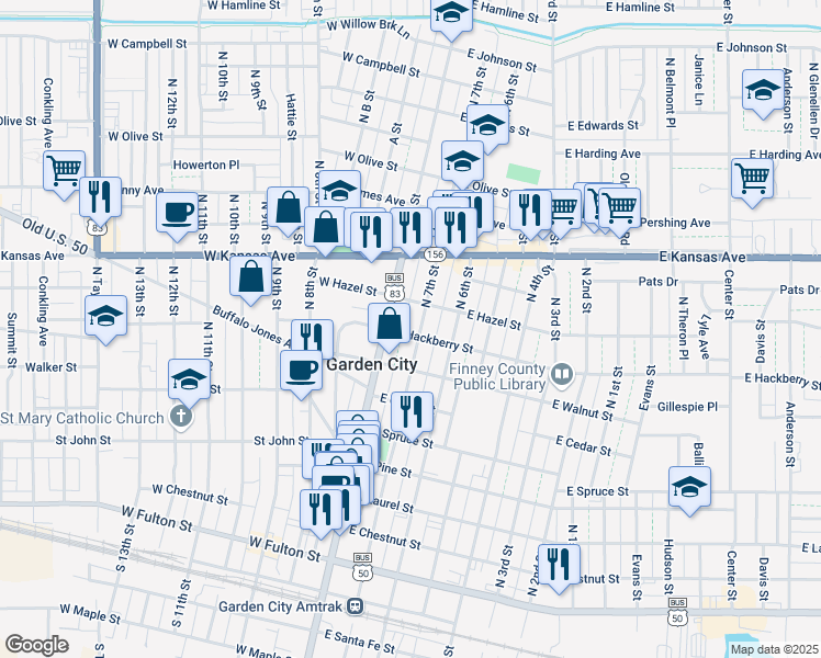 map of restaurants, bars, coffee shops, grocery stores, and more near 901 North 7th Street in Garden City