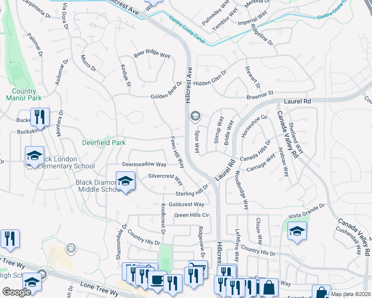 map of restaurants, bars, coffee shops, grocery stores, and more near Hillcrest Avenue in Antioch