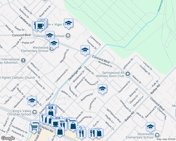 map of restaurants, bars, coffee shops, grocery stores, and more near 1771 Westwood Drive in Concord