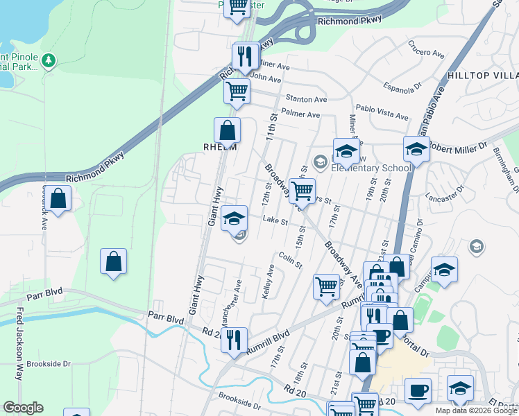 map of restaurants, bars, coffee shops, grocery stores, and more near 2805 12th Street in San Pablo