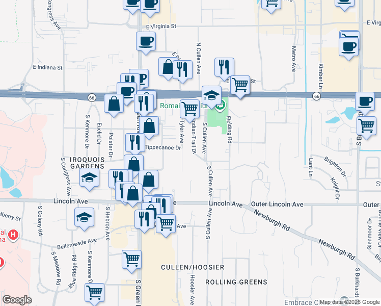map of restaurants, bars, coffee shops, grocery stores, and more near 412 Tyler Avenue in Evansville