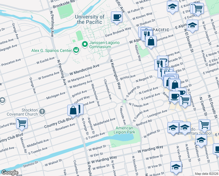 map of restaurants, bars, coffee shops, grocery stores, and more near 969 Oxford Way in Stockton