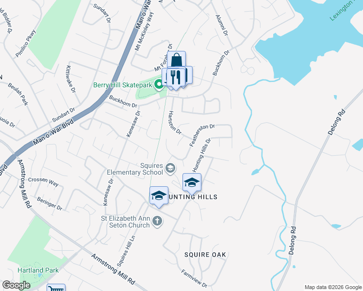 map of restaurants, bars, coffee shops, grocery stores, and more near 3385 Featherston Drive in Lexington