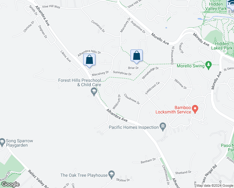 map of restaurants, bars, coffee shops, grocery stores, and more near 303 Wildcroft Drive in Martinez
