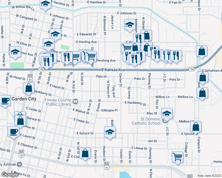 map of restaurants, bars, coffee shops, grocery stores, and more near 912 North Theron Place in Garden City