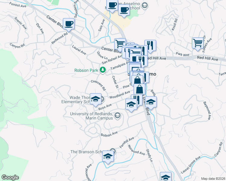 map of restaurants, bars, coffee shops, grocery stores, and more near 5 Cedar Street in San Anselmo