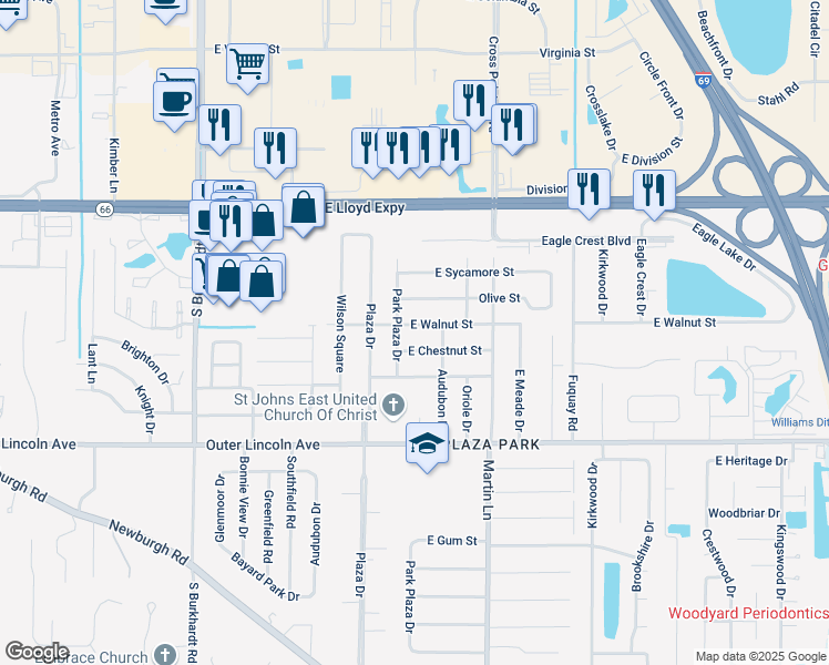map of restaurants, bars, coffee shops, grocery stores, and more near 409 Park Plaza Drive in Evansville