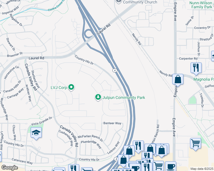 map of restaurants, bars, coffee shops, grocery stores, and more near 5506 Monte Vista Way in Antioch