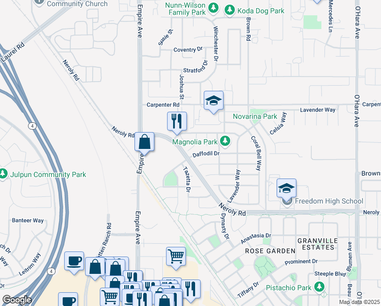 map of restaurants, bars, coffee shops, grocery stores, and more near 5870 Daffodil Drive in Oakley