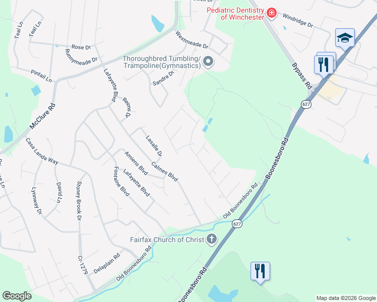 map of restaurants, bars, coffee shops, grocery stores, and more near 203 Cherokee Drive in Winchester