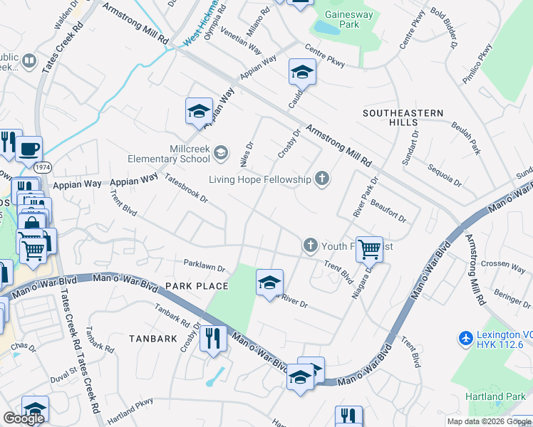 map of restaurants, bars, coffee shops, grocery stores, and more near 1316 Dale Drive in Lexington