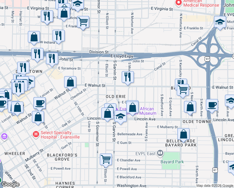 map of restaurants, bars, coffee shops, grocery stores, and more near 573-599 Canal Street in Evansville